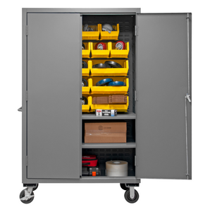 Durham 2502M-BLP-18-2S-95 Mobile Cabinet, 16 Gauge, 2 Shelves, 18 Yellow Bins, 50-9/16 X 24 X 81