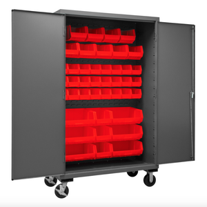 Durham 2502M-BLP-42-1795 Mobile Cabinet, 16 Gauge, 42 Red Bins, 48 X 24 X 81