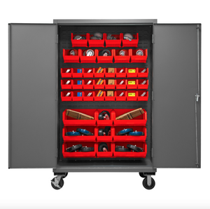 Durham 2502M-BLP-42-1795 Mobile Cabinet, 16 Gauge, 42 Red Bins, 48 X 24 X 81