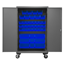 Load image into Gallery viewer, Durham 2502M-BLP-42-5295 Mobile Cabinet, 16 Gauge, 42 Blue Bins, 48 X 24 X 81