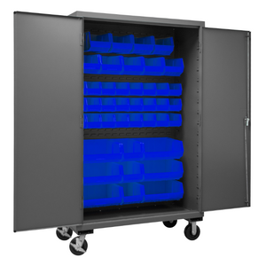 Durham 2502M-BLP-42-5295 Mobile Cabinet, 16 Gauge, 42 Blue Bins, 48 X 24 X 81