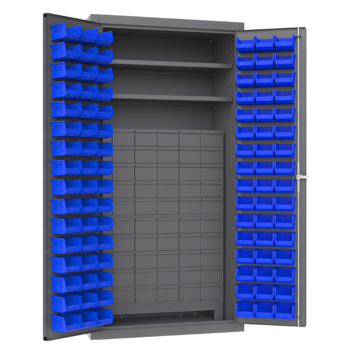 Durham 3501-DLP-60DR11-96-2S5295 Cabinet, 14 Gauge, 60 Drawers, 96 Blue Bins, 2 Shelves, 36 X 24 X 72