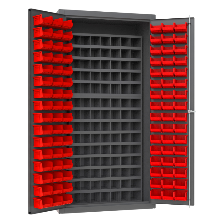 Durham 3501-DLP-72/40B-96-1795 Cabinet, 14 Gauge, 112 Steel Bins, 96 Red Bins, 36 X 24 X 72