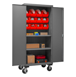 Durham 3501M-BLP-12-2S-1795 Mobile Cabinet, 14 Gauge, 2 Shelves, 12 Red Bins, 36 X 24 X 81