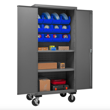 Load image into Gallery viewer, Durham 3501M-BLP-12-2S-5295 Mobile Cabinet, 14 Gauge, 2 Shelves, 12 Blue Bins, 36 X 24 X 81