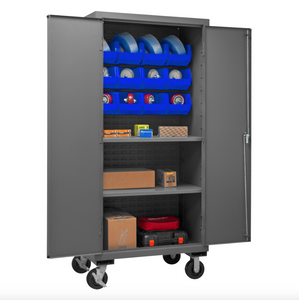 Durham 3501M-BLP-12-2S-5295 Mobile Cabinet, 14 Gauge, 2 Shelves, 12 Blue Bins, 36 X 24 X 81