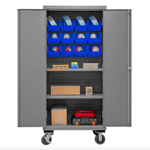 Durham 3501M-BLP-12-2S-5295 Mobile Cabinet, 14 Gauge, 2 Shelves, 12 Blue Bins, 36 X 24 X 81