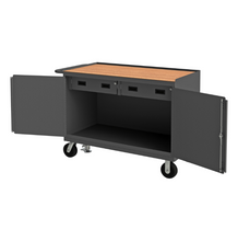 Load image into Gallery viewer, Durham 3414-TH-FL-95 Mobile Bench Cabinet, 2 Drawers, Hard Board Top, 24-1/4 X 54-1/8 X 37-3/4