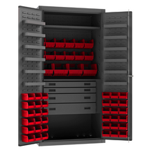 Load image into Gallery viewer, Durham 3501524RDR-1795 Cabinet, 14 Gauge, 4 Drawer, 2 Shelves, 12 Door Shelves, 52 Red Bins, 36 X 24 X 72