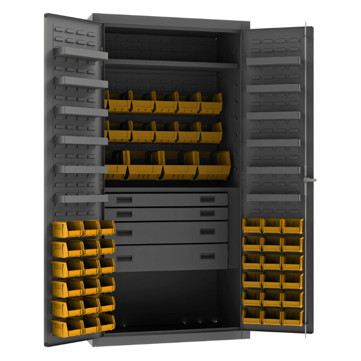 Durham 3501524RDR-95 Cabinet, 14 Gauge, 4 Drawer, 2 Shelves, 12 Door Shelves, 52 Yellow Bins, 36 X 24 X 72