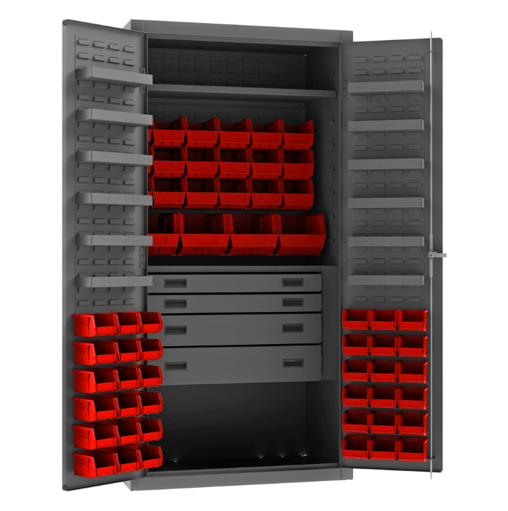 Durham 3501584RDR-1795 Cabinet, 14 Gauge, 4 Drawer, 2 Shelves, 12 Door Shelves, 58 Red Bins, 36 X 24 X 72