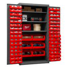 Load image into Gallery viewer, Durham 3501-BDLP-102-3S-1795 Cabinet, 14 Gauge, 3 Shelves, 102 Red Bins, 36 X 24 X 72