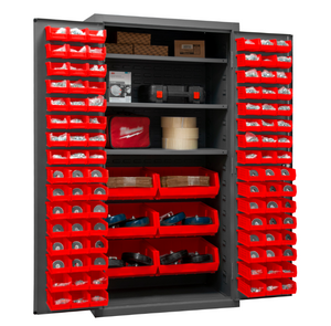 Durham 3501-BDLP-102-3S-1795 Cabinet, 14 Gauge, 3 Shelves, 102 Red Bins, 36 X 24 X 72