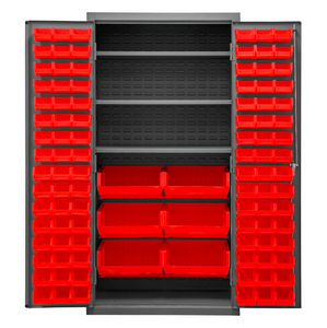 Durham 3501-BDLP-102-3S-1795 Cabinet, 14 Gauge, 3 Shelves, 102 Red Bins, 36 X 24 X 72