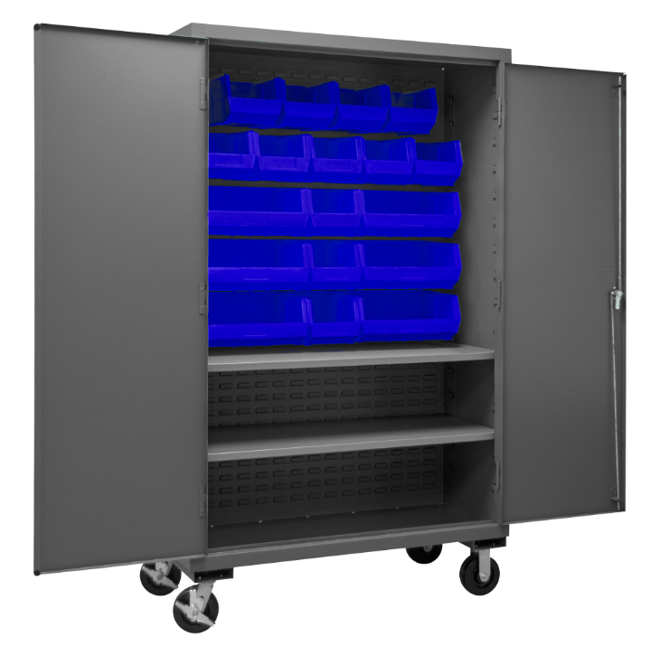 Durham 3502M-BLP-18-2S-5295 Mobile Cabinet, 14 Gauge, 2 Shelves, 18 Blue Bins, 48 X 24 X 81