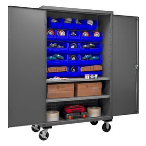 Durham 3502M-BLP-18-2S-5295 Mobile Cabinet, 14 Gauge, 2 Shelves, 18 Blue Bins, 48 X 24 X 81