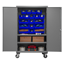 Load image into Gallery viewer, Durham 3502M-BLP-18-2S-5295 Mobile Cabinet, 14 Gauge, 2 Shelves, 18 Blue Bins, 48 X 24 X 81