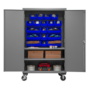 Durham 3502M-BLP-18-2S-5295 Mobile Cabinet, 14 Gauge, 2 Shelves, 18 Blue Bins, 48 X 24 X 81