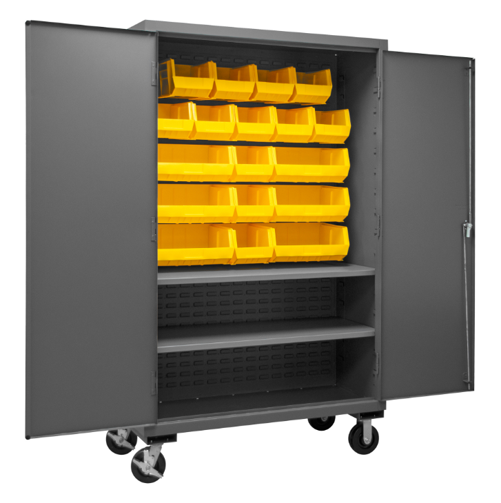 Durham 3502M-BLP-18-2S-95 Mobile Cabinet, 14 Gauge, 2 Shelves, 18 Yellow Bins, 48 X 24 X 81