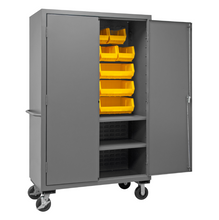 Load image into Gallery viewer, Durham 3502M-BLP-18-2S-95 Mobile Cabinet, 14 Gauge, 2 Shelves, 18 Yellow Bins, 48 X 24 X 81