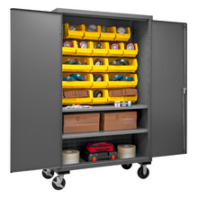 Load image into Gallery viewer, Durham 3502M-BLP-18-2S-95 Mobile Cabinet, 14 Gauge, 2 Shelves, 18 Yellow Bins, 48 X 24 X 81