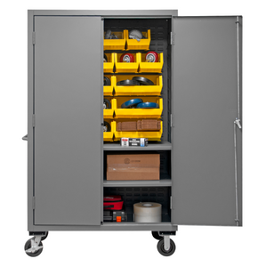 Durham 3502M-BLP-18-2S-95 Mobile Cabinet, 14 Gauge, 2 Shelves, 18 Yellow Bins, 48 X 24 X 81