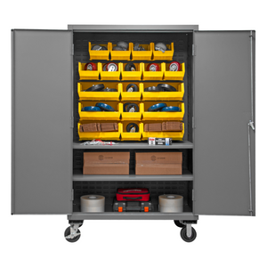 Durham 3502M-BLP-18-2S-95 Mobile Cabinet, 14 Gauge, 2 Shelves, 18 Yellow Bins, 48 X 24 X 81