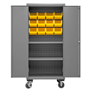 Durham 3501M-BLP-12-2S-95 Mobile Cabinet, 14 Gauge, 2 Shelves, 12 Yellow Bins, 36 X 24 X 81