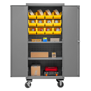 Durham 3501M-BLP-12-2S-95 Mobile Cabinet, 14 Gauge, 2 Shelves, 12 Yellow Bins, 36 X 24 X 81