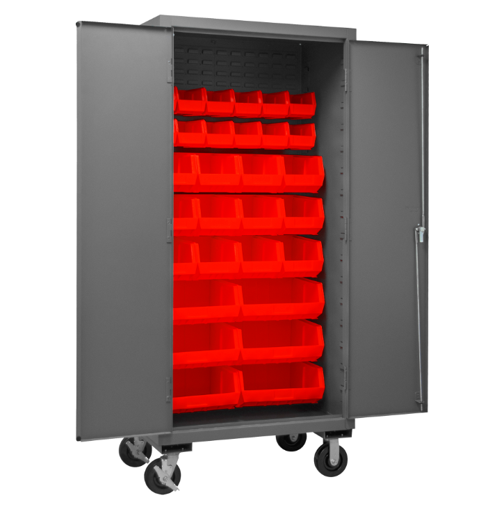 Durham 3501M-BLP-30-1795 Mobile Cabinet, 14 Gauge, 30 Red Bins, 36 X 24 X 81