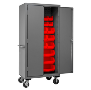 Durham 3501M-BLP-30-1795 Mobile Cabinet, 14 Gauge, 30 Red Bins, 36 X 24 X 81