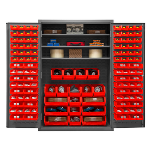 Durham 3502-138-3S-1795 Cabinet, 14 Gauge, 3 Shelves, 138 Red Bins, 48 X 24 X 72