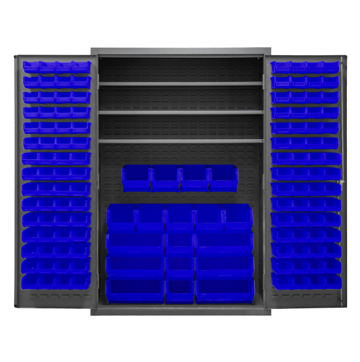 Durham 3502-138-3S-5295 Cabinet, 14 Gauge, 3 Shelves, 138 Blue Bins, 48 X 24 X 72