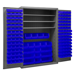 Durham 3502-138-3S-5295 Cabinet, 14 Gauge, 3 Shelves, 138 Blue Bins, 48 X 24 X 72