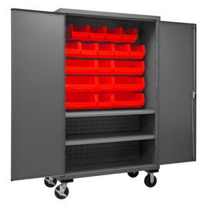 Durham 3502M-BLP-18-2S-1795 Mobile Cabinet, 14 Gauge, 2 Shelves, 18 Red Bins, 48 X 24 X 81