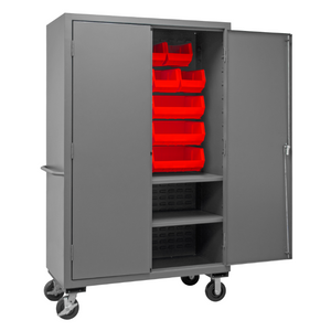 Durham 3502M-BLP-18-2S-1795 Mobile Cabinet, 14 Gauge, 2 Shelves, 18 Red Bins, 48 X 24 X 81