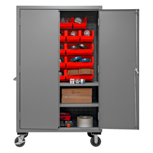 Durham 3502M-BLP-18-2S-1795 Mobile Cabinet, 14 Gauge, 2 Shelves, 18 Red Bins, 48 X 24 X 81