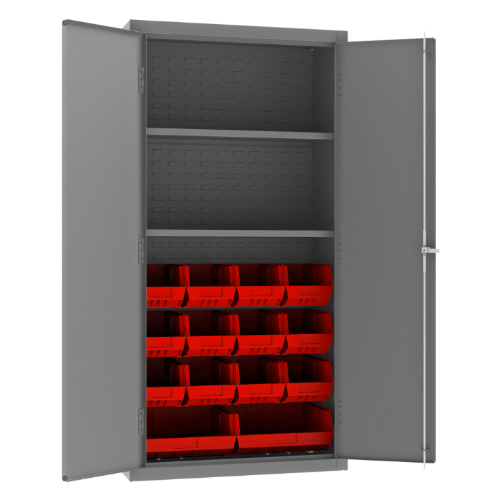 Durham 3602-BLP-14-2S-1795 Cabinet, 14 Gauge, 2 Shelves, 14 Red Bins, 36 X 18 X 72