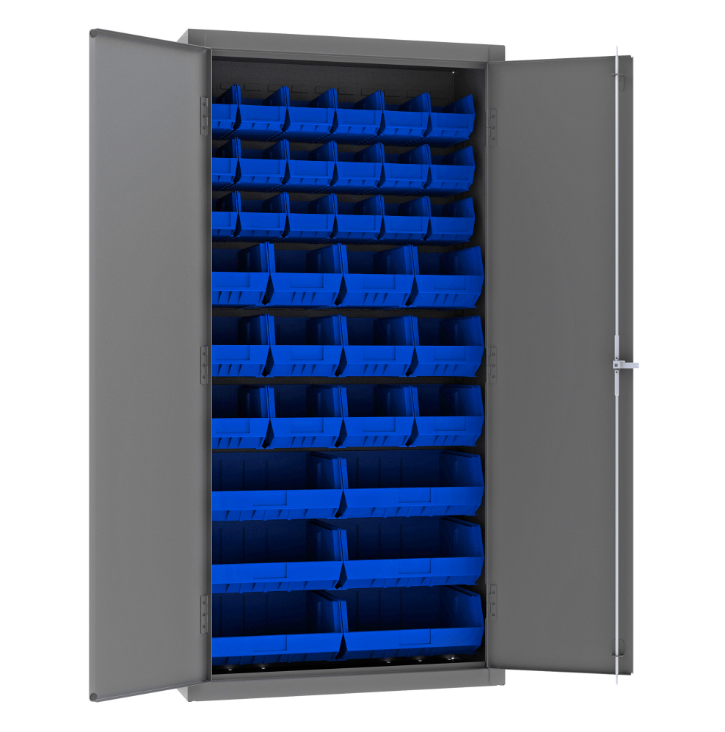 Durham 3602-BLP-36-5295 Cabinet, 14 Gauge, 36 Blue Bins, 36 X 18 X 72