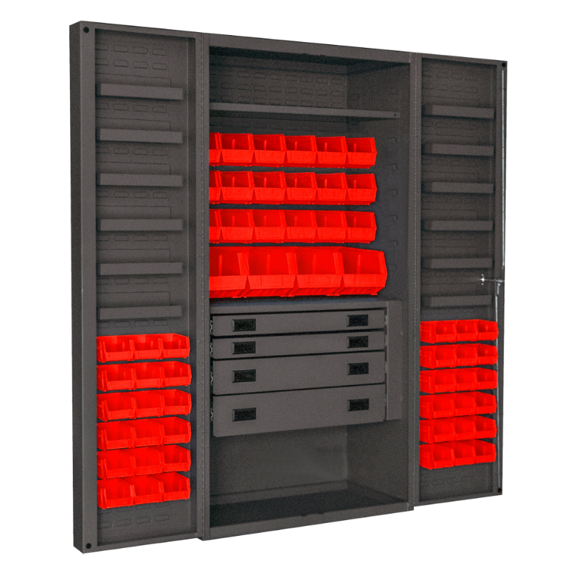 Durham DCBDLP584RDR-1795 Cabinet, 14 Gauge, 4 Drawer, 2 Shelves, 12 Door Trays, 58 Red Bins, 36 X 24 X 72