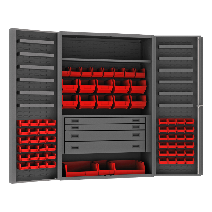 Durham DCBDLP694RDR-1795 Cabinet, 14 Gauge, 4 Drawer, 2 Shelves, 12 Door Trays, 69 Red Bins, 48 X 24 X 72