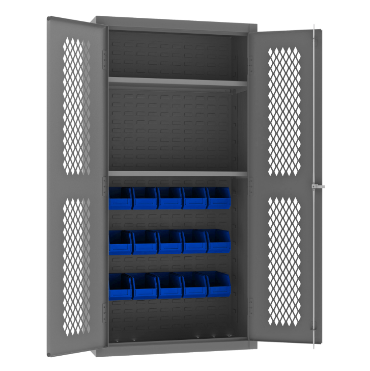 Durham EMDC36182S15B5295 Ventilated Cabinet, 14 Gauge, 2 Shelves, 15 Blue Bins, 36 X 18 X 72