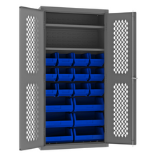 Load image into Gallery viewer, Durham EMDC-361872-18B-2S-5295 Ventilated Cabinet, 14 Gauge, 2 Shelves, 18 Blue Bins, 36 X 18 X 72