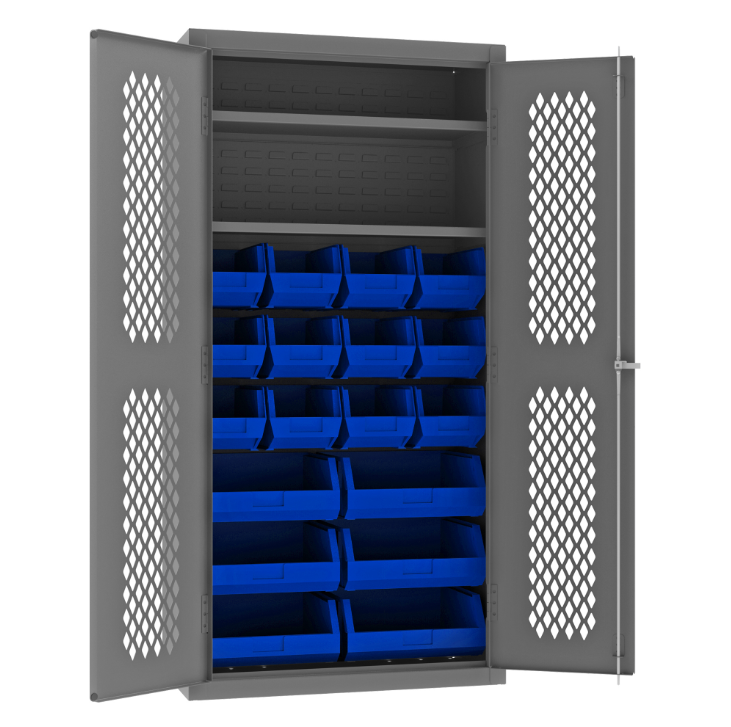 Durham EMDC-361872-18B-2S-5295 Ventilated Cabinet, 14 Gauge, 2 Shelves, 18 Blue Bins, 36 X 18 X 72