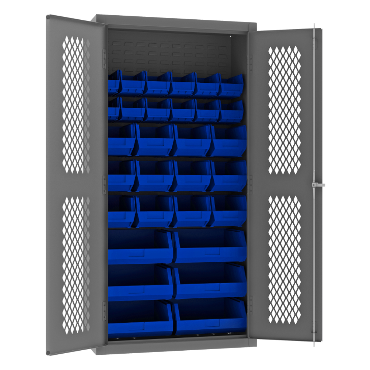 Durham EMDC-361872-30B-5295 Ventilated Cabinet, 14 Gauge, 30 Blue Bins, 36 X 18 X 72