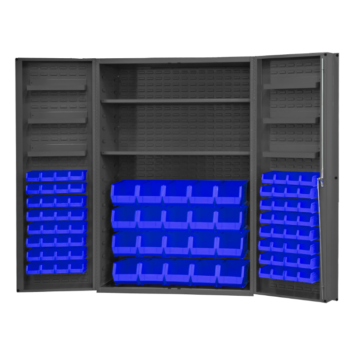 Durham DC48-842S6DS-5295 Cabinet, 14 Gauge, 2 Shelves, 6 Door Trays, 84 Blue Bins, 48 X 24 X 72