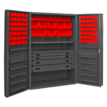 Load image into Gallery viewer, Durham DCBDLP724RDR-1795 Cabinet, 14 Gauge, 4 Drawer, 2 Shelves, 12 Door Trays, 72 Red Bins, 48 X 24 X 72