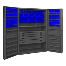 Load image into Gallery viewer, Durham DCBDLP724RDR-5295 Cabinet, 14 Gauge, 4 Drawer, 2 Shelves, 12 Door Trays, 72 Blue Bins, 48 X 24 X 72