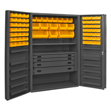 Load image into Gallery viewer, Durham DCBDLP724RDR-95 Cabinet, 14 Gauge, 4 Drawer, 2 Shelves, 12 Door Trays, 72 Yellow Bins, 48 X 24 X 72