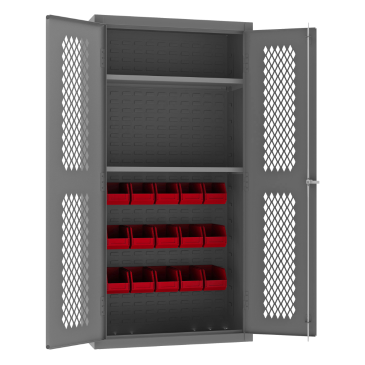 Durham EMDC36242S15B1795 Ventilated Cabinet, 14 Gauge, 2 Shelves, 15 Red Bins, 36 X 24 X 72